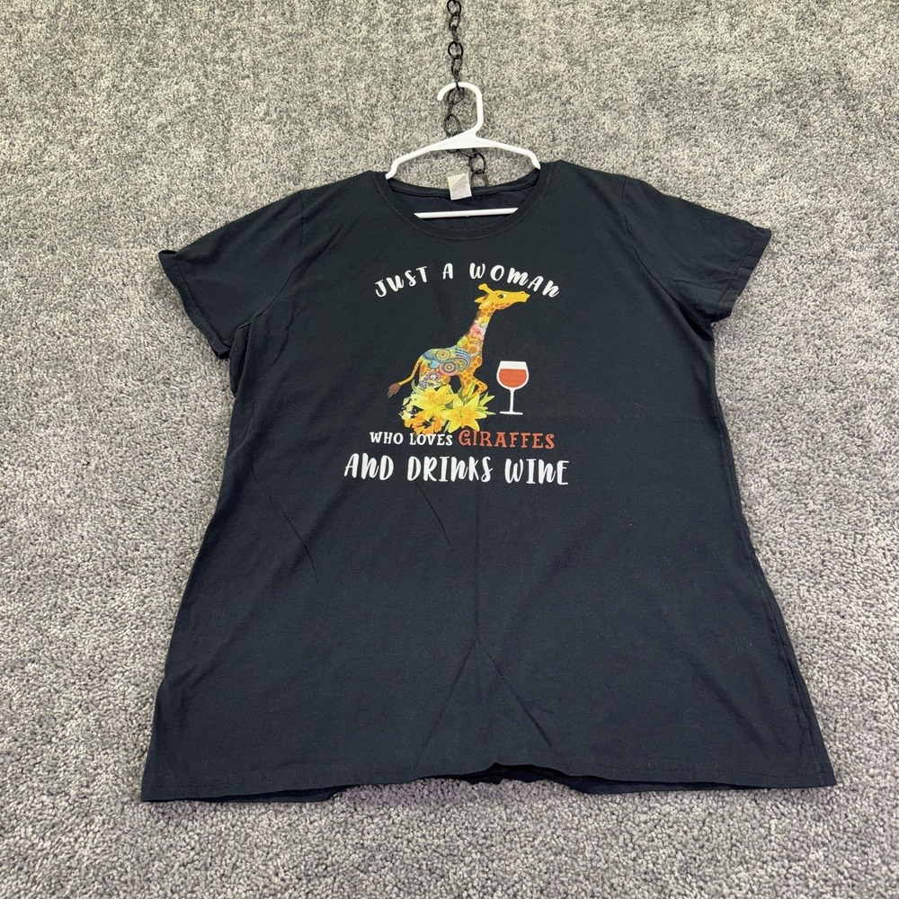 Fruit Of The Loom Shirt Womens 2XL Black Giraffe Wine Graphic Funny Tee Casual